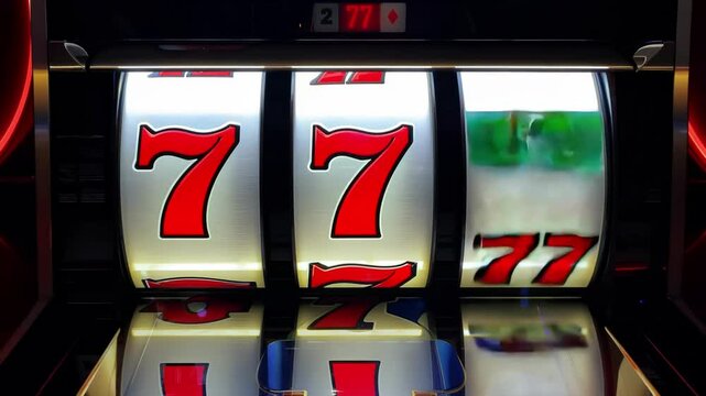 Close-up of spinning slot machine reels with the iconic triple sevens, symbolizing luck and gambling. Perfect for casino, gaming, or luck-related themes.