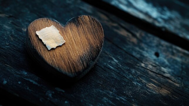 A wooden heart with a note attached, possibly with a message or reminder