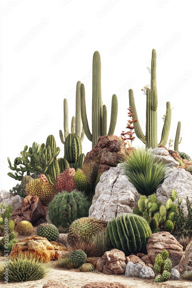 Poster desert landscape featuring multiple cactus plants and rocks, ideal for use as a background or in env