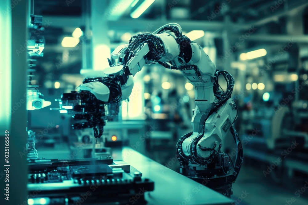 Poster Close-up of a robotic arm placed on a table, suitable for tech-related and innovation-themed contexts