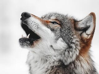 A gray wolf howling with its head tilted towards the sky, isolated on white background 