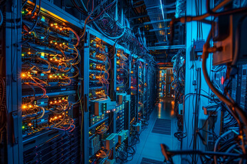 A large room filled with computer servers and wires