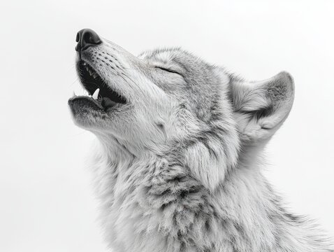 A gray wolf howling with its head tilted towards the sky, isolated on white background 