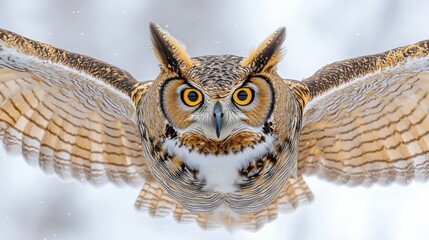 A great horned owl spreading its wings as it prepares to fly, isolated on white background 