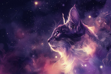 A cat is staring at the camera in a purple and blue sky