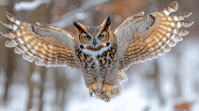 A great horned owl spreading its wings as it prepares to fly, isolated on white background 