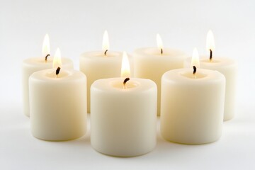 A cluster of white candles sit side by side, providing soft lighting