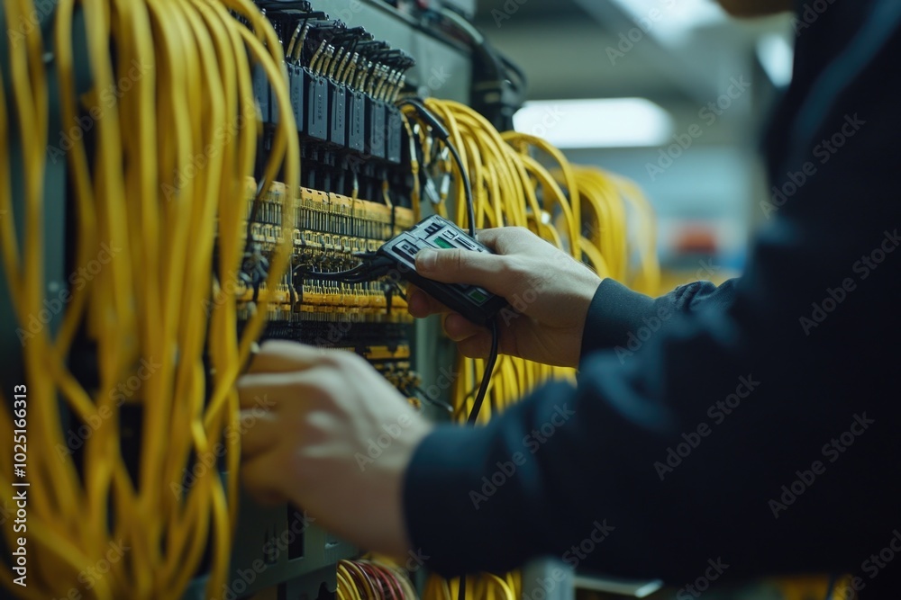 Poster A person holding a remote control in front of a collection of cables, suitable for use in technology or electronics related scenes