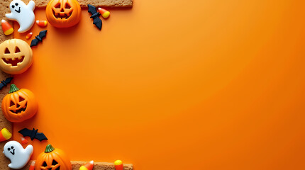 Fototapeta premium Empty surface, pumpkin frame with autumn leaves and flowers, perfect for Halloween decorations