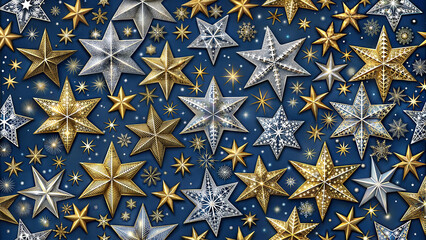 Festive star pattern with golden and silver elements on a dark background, decorative art style, copy space