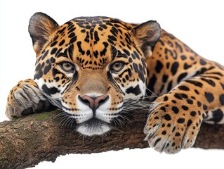 Obraz premium A jaguar resting on a tree branch, isolated on white background 