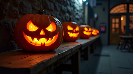 Obraz premium Jack-o-lantern, a spooky Halloween pumpkin with a carved face, glows in the dark night