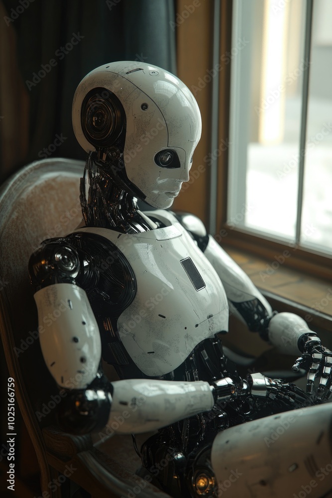Poster a white robot sits in a chair next to a window, looking out at the view