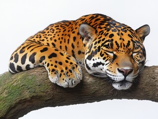 Obraz premium A jaguar resting on a tree branch, isolated on white background 