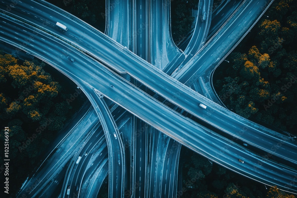 Poster aerial shot of a busy highway intersection with multiple lanes, ideal for illustrations about traffi