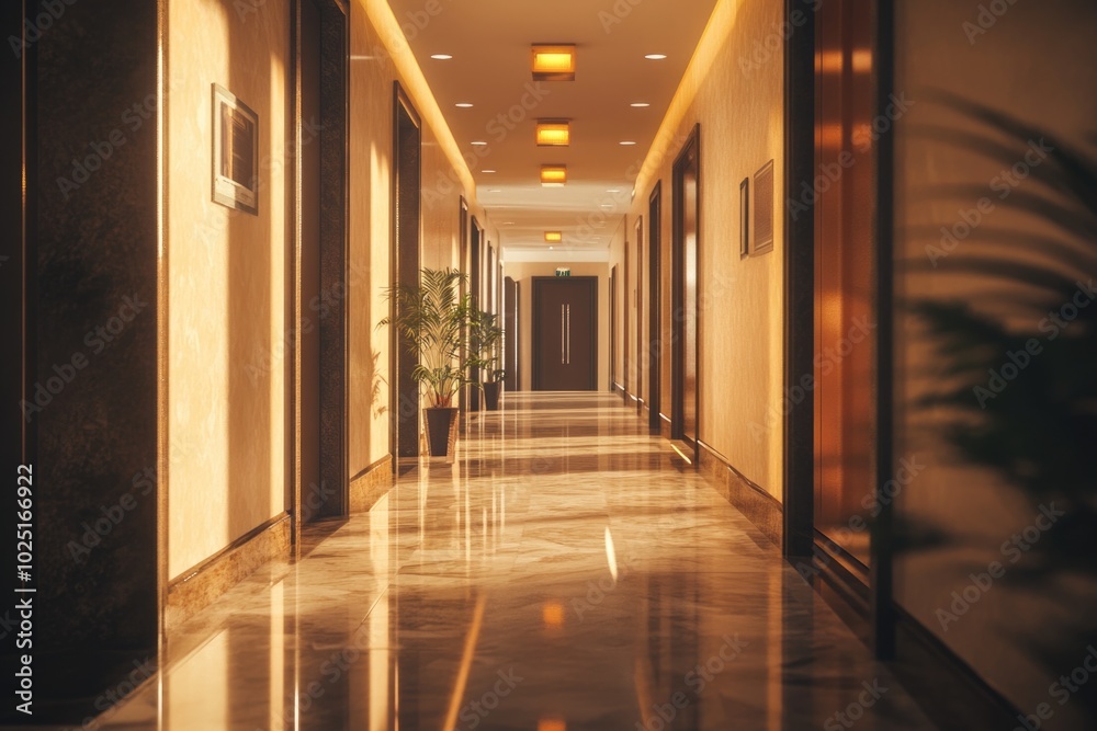 Poster a long, empty hallway with a single potted plant adding some greenery to the space