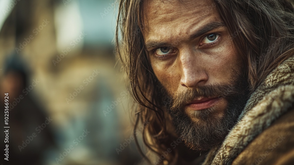 Poster Portrait of a man with long hair and beard, suitable for use in editorial or commercial contexts