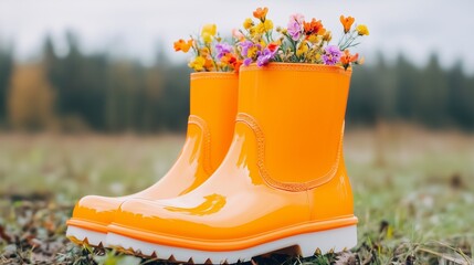 vibrant orange rain boots with autumn flowers like pampas grass and purple dahlias inside, autumn forest in the background
