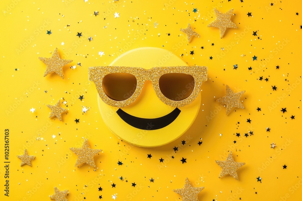 Poster a smiling face wearing trendy sunglasses on a bright yellow background, perfect for adding a playful