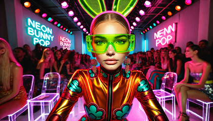 Fototapeta premium Funky fashion woman wearing neon glowing bunny headwear and colourful sunglasses