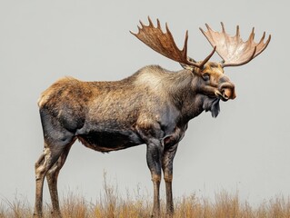 A moose with large antlers standing tall, isolated on white background 