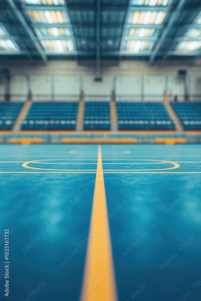 Poster Basketball court with blue seats and yellow lines, ideal for sports or fitness use