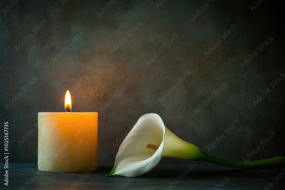 Poster A simple still life with a candle and a flower on a table