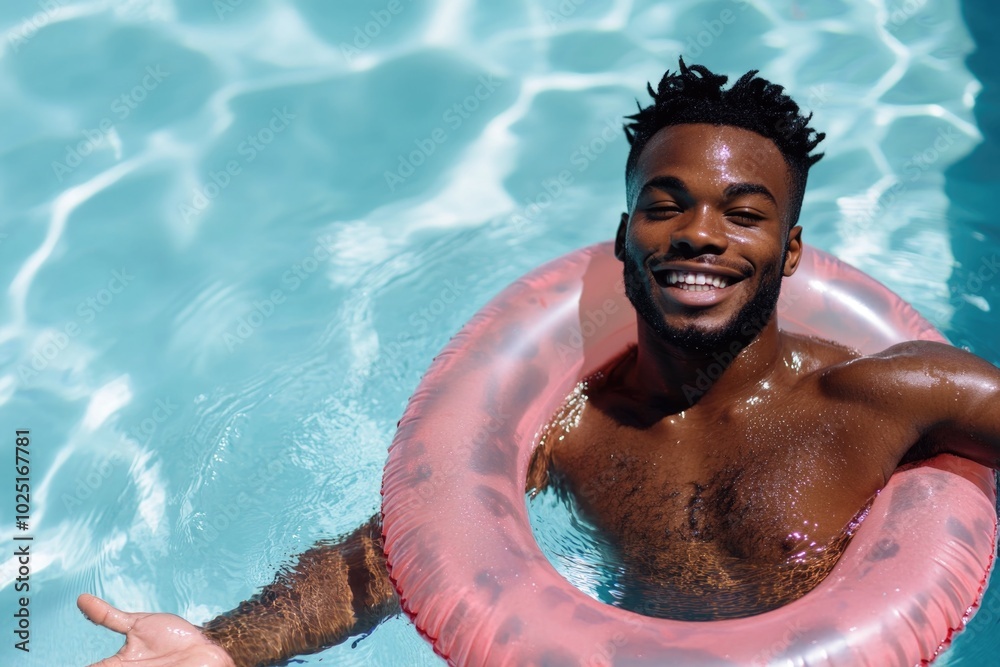 Poster A person relaxing in a swimming pool with a floatation device, suitable for use as a symbol of leisure or recreation