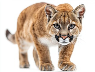 Obraz premium A mountain lion stalking forward with focused eyes, isolated on white background 