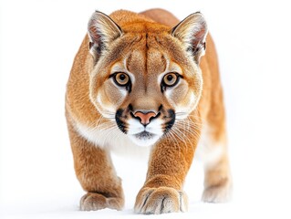 Obraz premium A mountain lion stalking forward with focused eyes, isolated on white background 