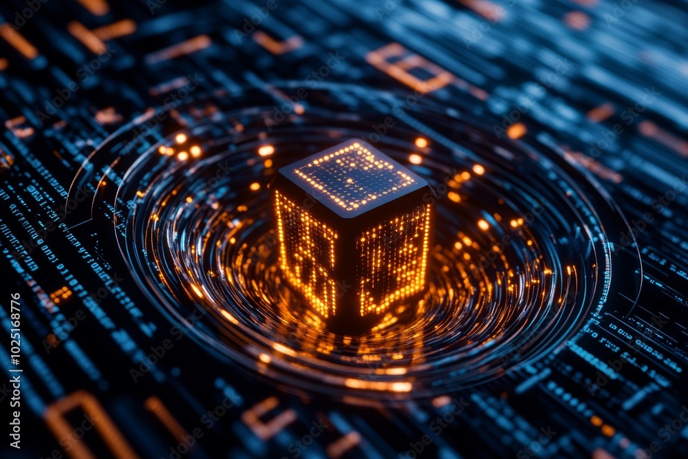 Aufkleber Hackerâ€™s attack is visualized in a 3D-rendered digital space, where a glowing cube represents a data server under siege, surrounded by swirling lines of code