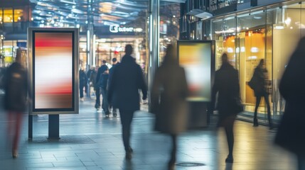 Blurred Cityscape with a Blank Billboard and Pedestrians