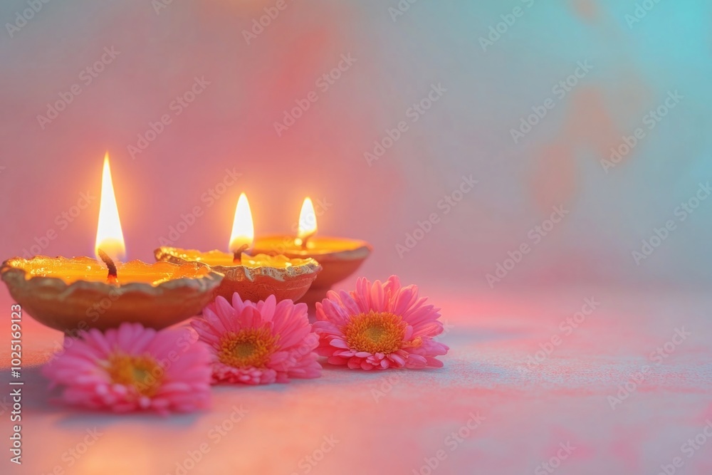 Canvas Prints A still life of pink flowers arranged with lit candles on a table