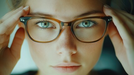 Fototapeta premium A close-up view of a person's face with glasses on, suitable for use in educational or professional settings