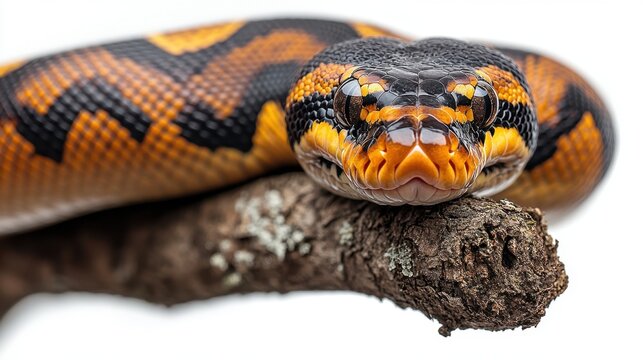 A python coiled tightly around a tree branch, isolated on white background 