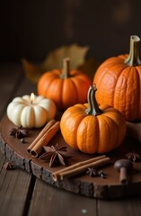 Autumn still life image with lit candles, pumpkins, and various spices on a rustic wooden background.