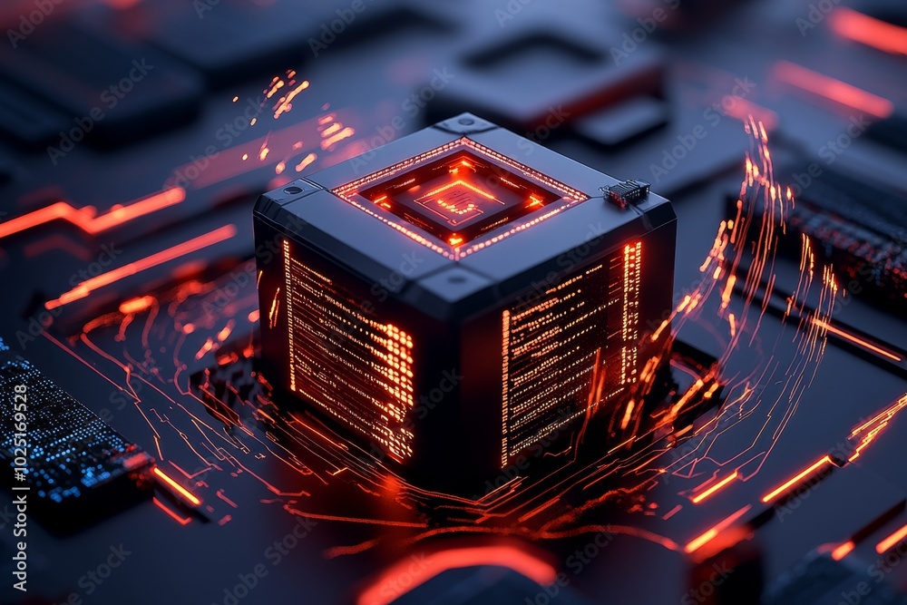 Poster Hackerâ€™s attack is visualized in a 3D-rendered digital space, where a glowing cube represents a data server under siege, surrounded by swirling lines of code