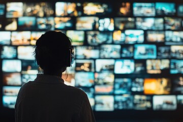 A individual standing before a wall of television sets, possibly waiting for their favorite show or looking at the news