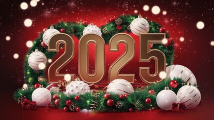 A bright gold inscription "2025" surrounded by festive white and red decorations, garlands and wreaths. The bright red background shimmers with highlights of bokeh and gently falling snow.