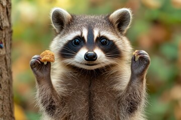 Fototapeta premium A raccoon standing on two legs, holding a piece of food in its tiny paws, isolated on white background 