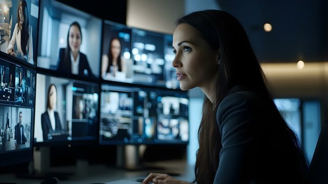 Focused Woman in Virtual Team Meeting with Multiple Screens
 - Powered by Adobe