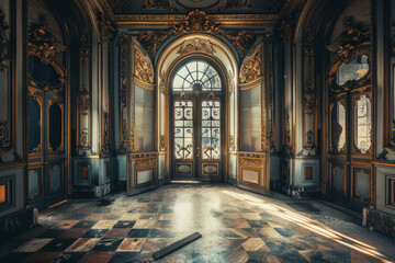 A large room with a lot of gold and white decorations