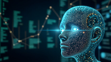 Digital human head with glowing eye and neural network connections in futuristic interface