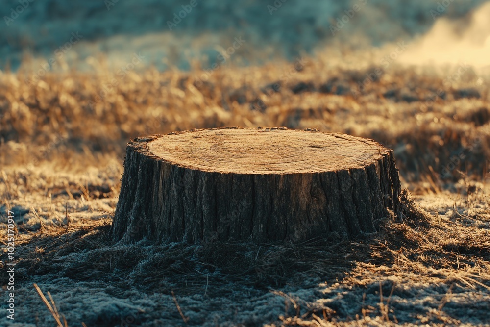 Poster a lone tree stump standing in a open field, great for backgrounds or nature scenes