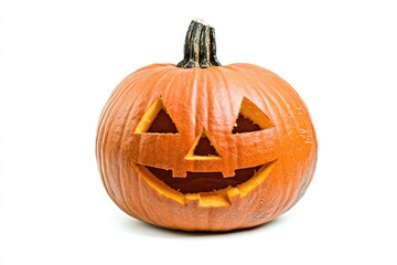 A single pumpkin with a carved face on a white background, ideal for Halloween decoration or editorial use