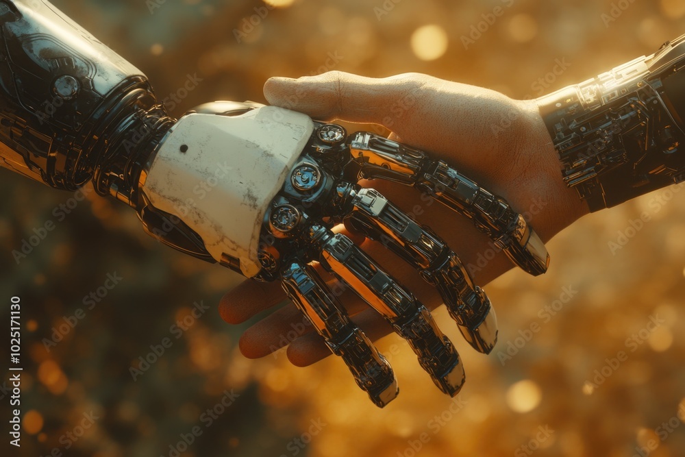 Aufkleber close-up shot of a person grasping a robotic hand, suitable for technology and innovation concepts