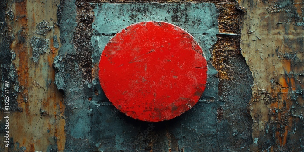 Poster A red button on a rusty metal surface, suitable for use in various scenes where industrial or abandoned settings are needed