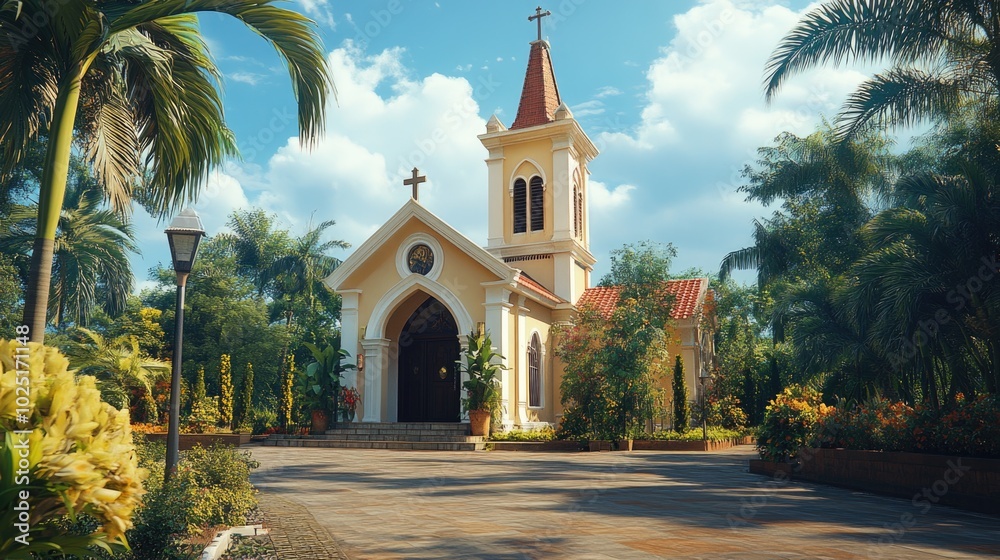 Poster a church building with a distinctive steeple and clock tower