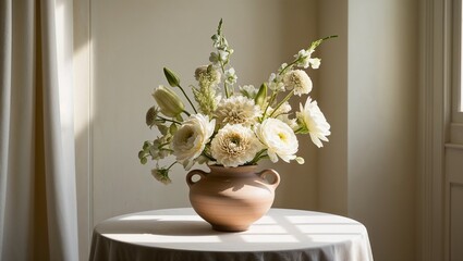Elegant white floral arrangement in clay vase on table © Vasilina FC