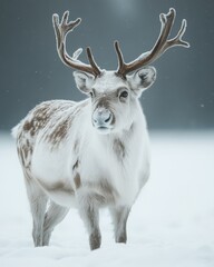 A reindeer walking through snow, isolated on white background 